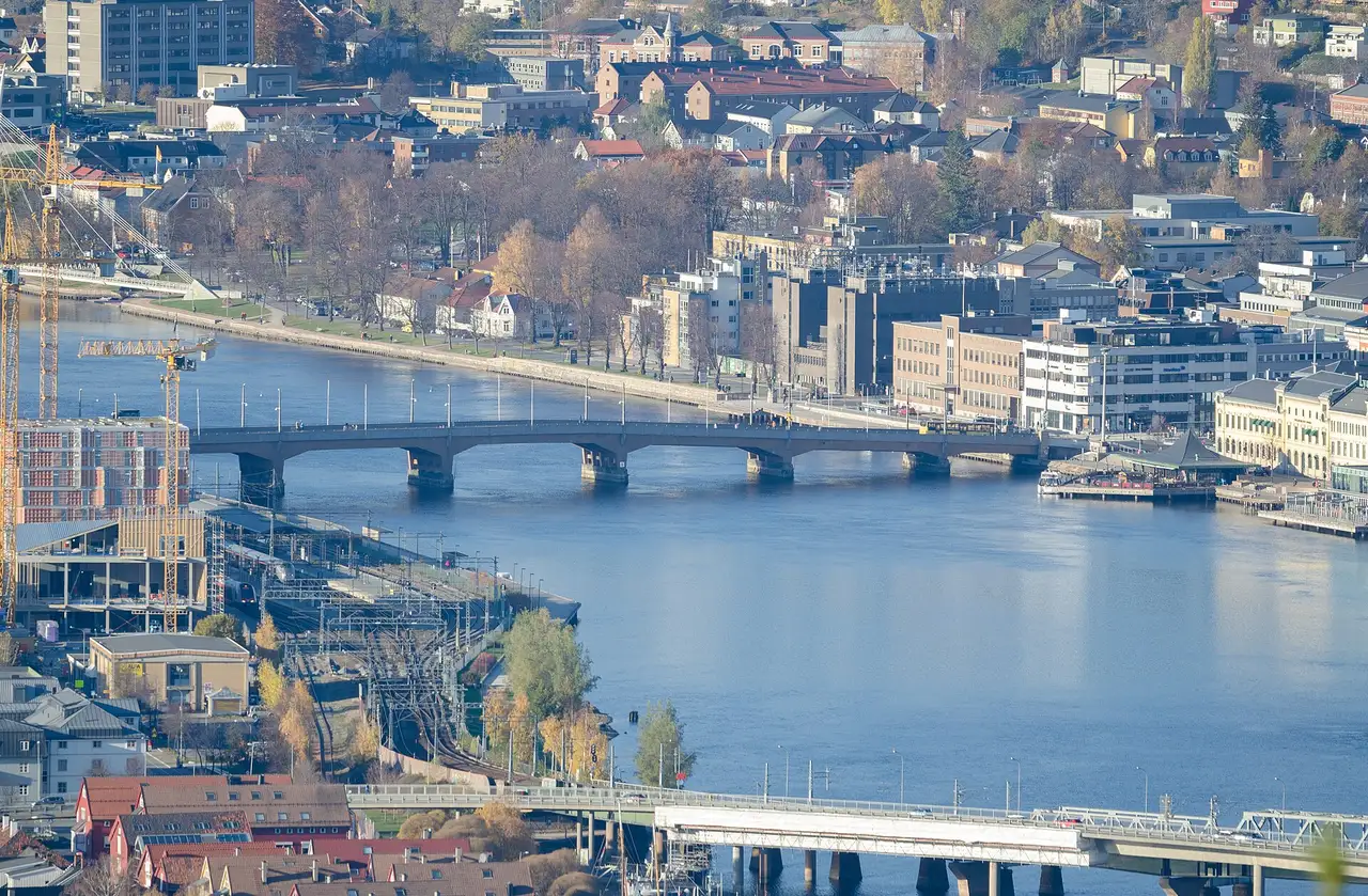 Drammenselva og Bybrua om høsten, sett fra Nordbykollen